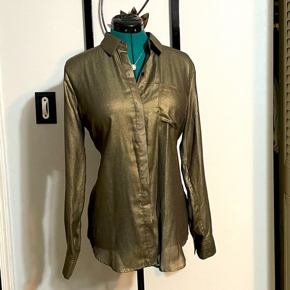 Tops Womans Gold Metallic Sheer Collared Blouse Poshmark